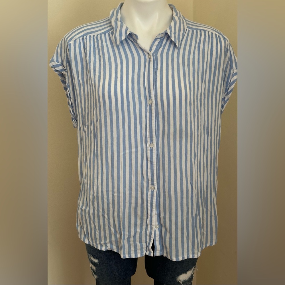 LUCKY BRAND Blue White Striped Button Up Collard Sleeveless  Blouse Sz XL/TG